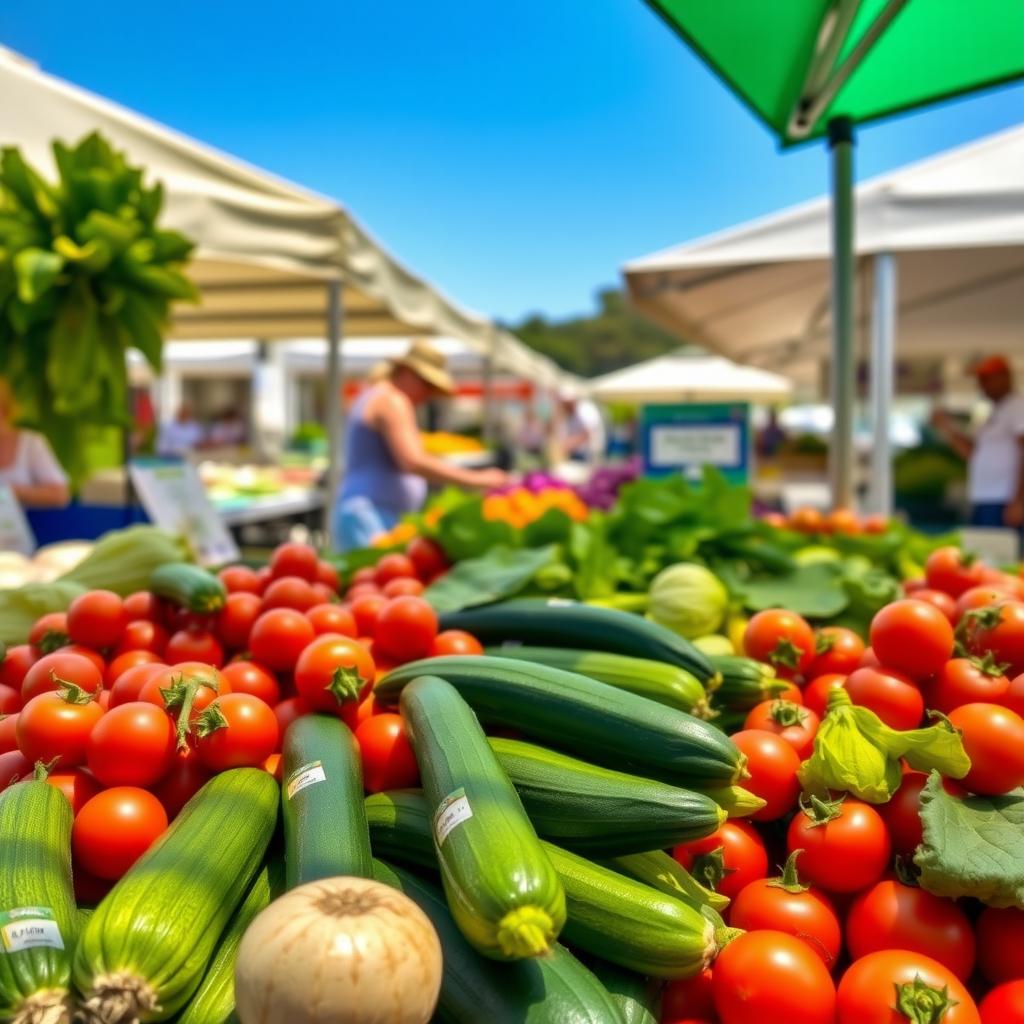 Un stand vibrant de piață cu legume proaspete, cum ar fi roșii, dovlecei și verdețuri, cu o persoană care alege produse în fundal, sub un cer însorit.
