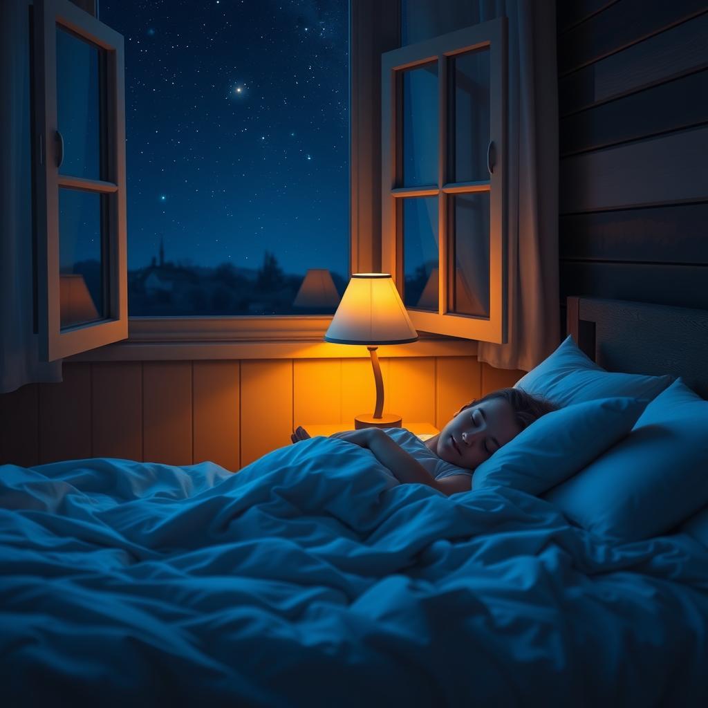 O cameră confortabilă noaptea, cu o persoană care doarme liniștită în pat, o lampă de noptieră cu lumină caldă și cerul înstelat vizibil pe fereastră.