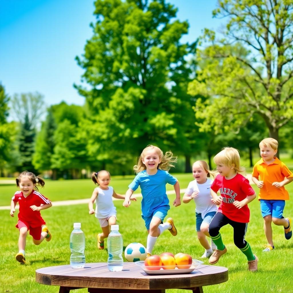 Copii jucându-se în parc, alergând și lovind o minge de fotbal, cu o masă de picnic plină cu gustări sănătoase în fundal.