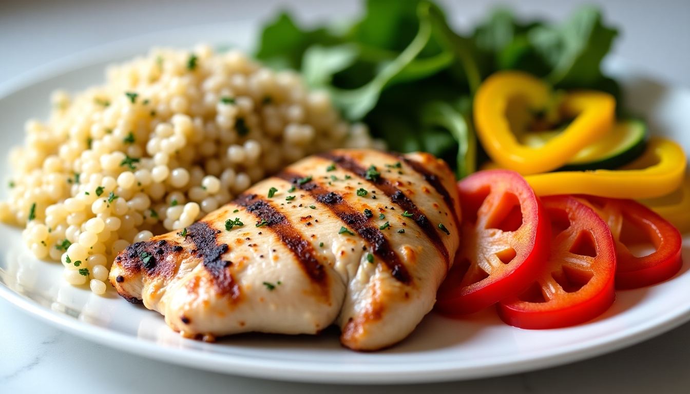 Farfurie cu o masă echilibrată: pui la grătar, quinoa și legume