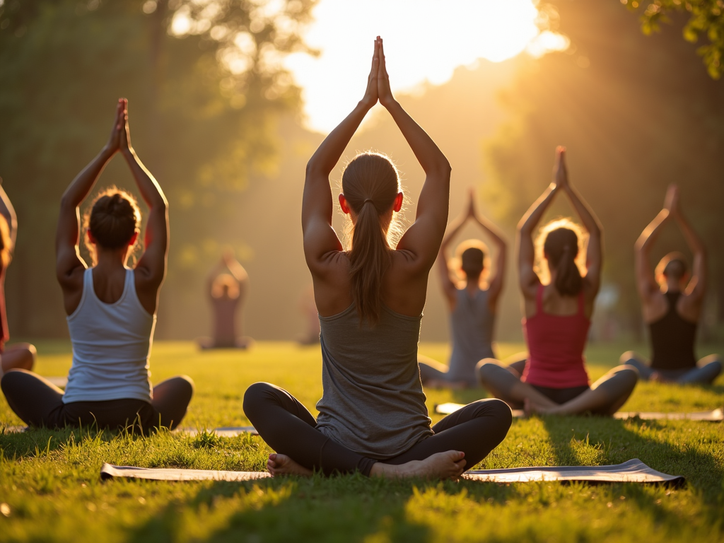 Un grup de persoane care fac yoga într-un cadru natural liniștit, ilustrând diversitatea activităților fizice.