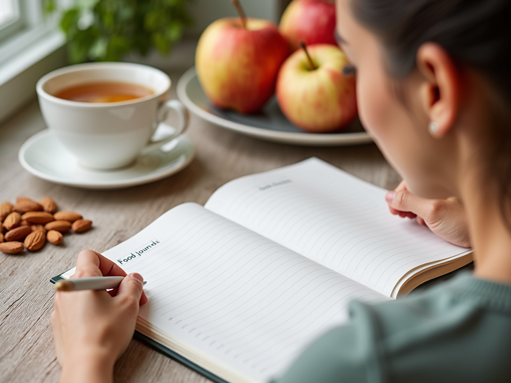 Imagine cu o persoană care scrie într-un jurnal alimentar, cu o ceașcă de ceai de plante alături și gustări sănătoase precum mere și migdale, arătând monitorizarea atentă.