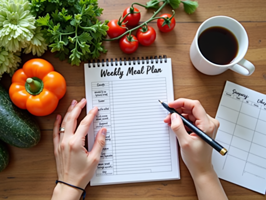 O persoană notează un plan de mese săptămânal pe un carnet, înconjurată de legume proaspete, un calendar și o ceașcă de cafea pe o masă confortabilă din bucătărie.