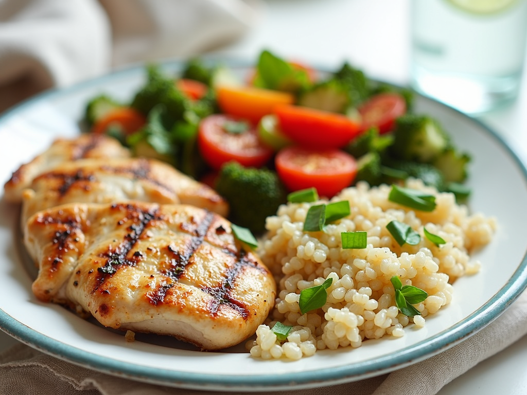 Masă sănătoasă cu pui la grătar, legume fierte și quinoa