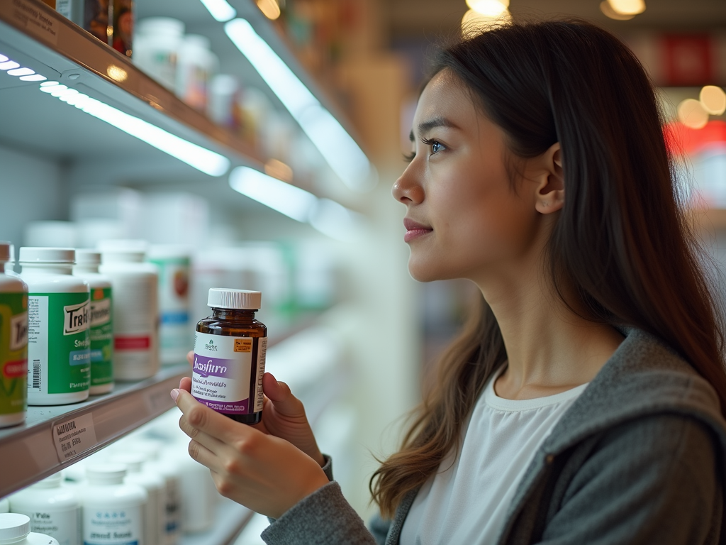 O persoană care analizează rafturile unei farmacii, ținând două sticle de suplimente, cu o expresie gânditoare.