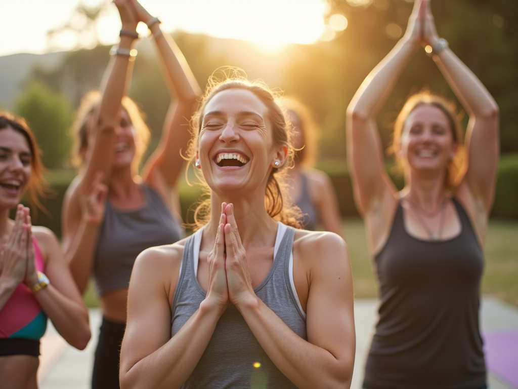 Grup de prieteni care se bucură de o sesiune de yoga în aer liber