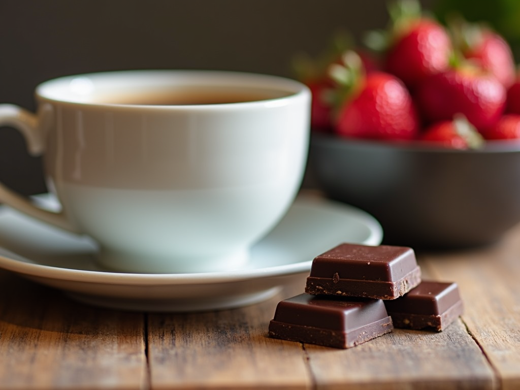 Pătrățel de ciocolată neagră lângă o ceașcă de cafea și un bol cu fructe de pădure proaspete pe o masă confortabilă.