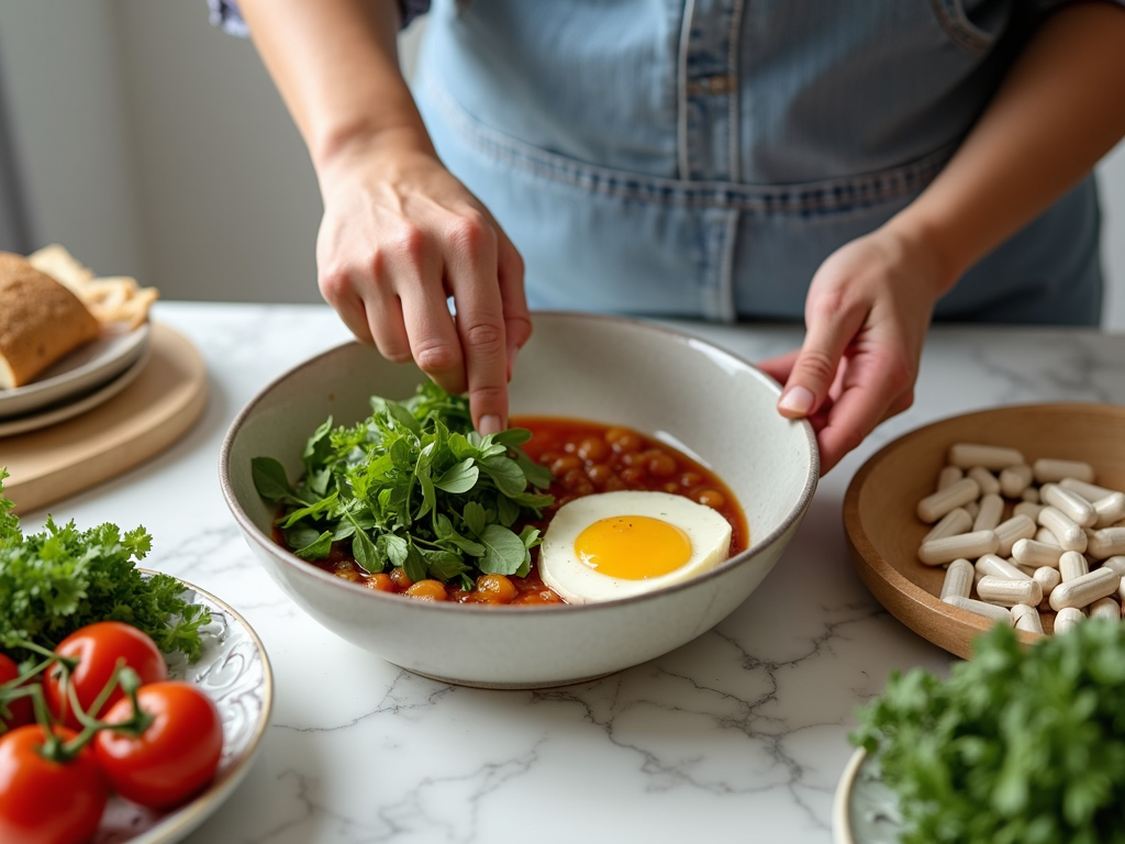 Persoană care pregătește o masă sănătoasă cu suplimente alături, arătând integrarea într-un plan de dietă.