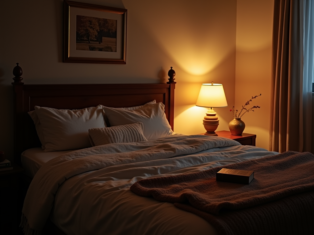 Un dormitor confortabil cu lumină slabă, o carte pe noptieră și o pătură caldă