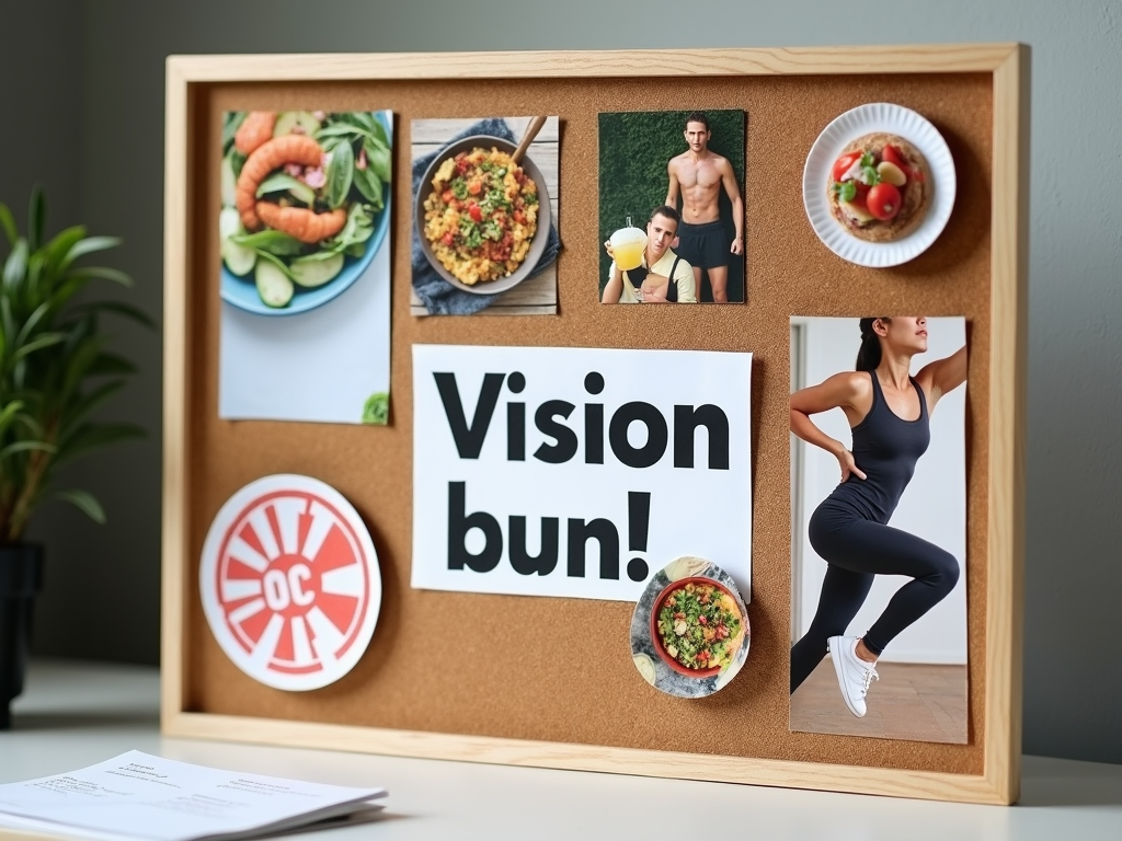 Un panou vizual handmade pe un birou, cu decupaje din reviste cu mese sănătoase, o persoană fit care face exerciții și cuvintele 'Fii mai bun!' scrise mare.