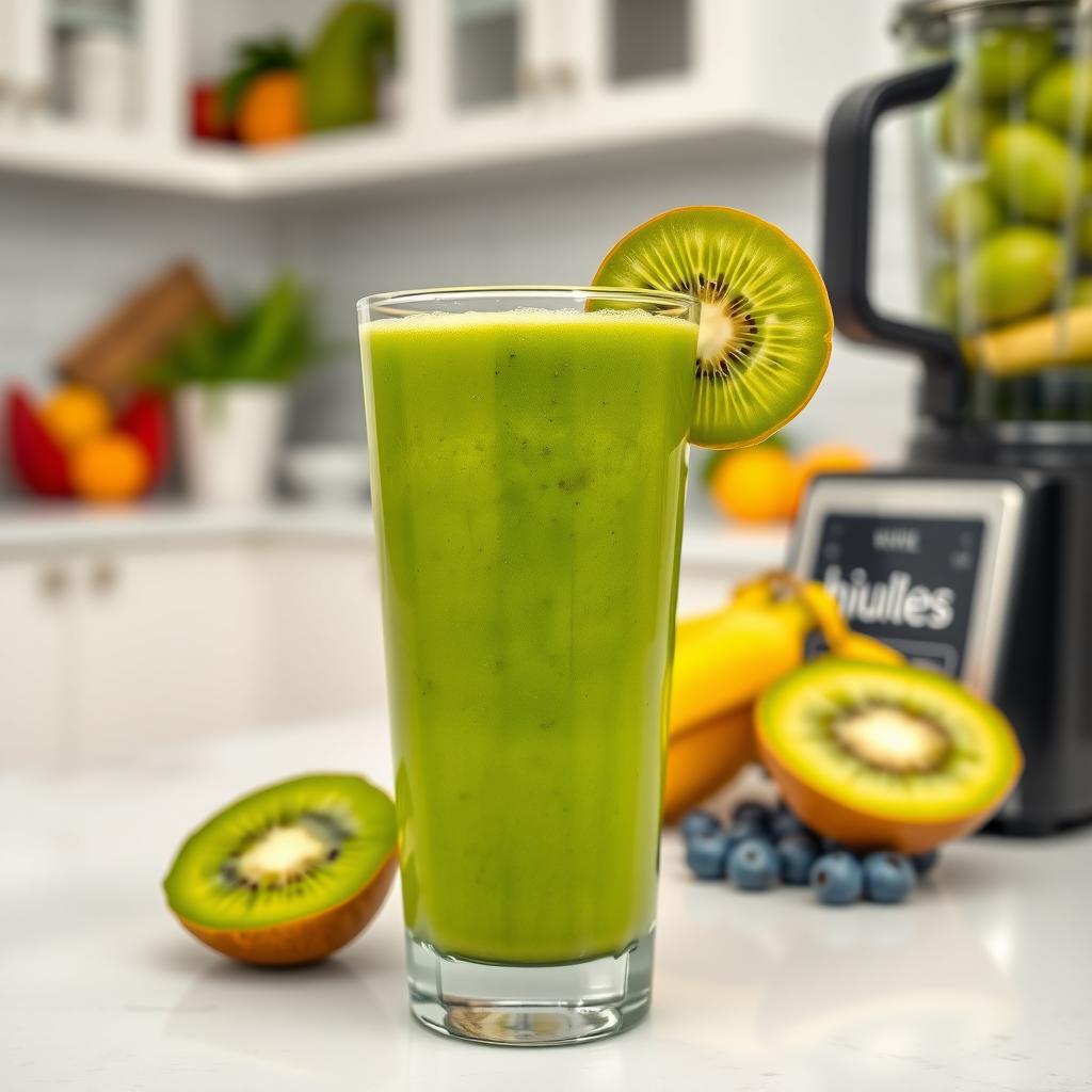 Un smoothie verde într-un pahar înalt, decorat cu semințe de chia și o felie de kiwi, într-o bucătărie luminoasă cu fructe proaspete.