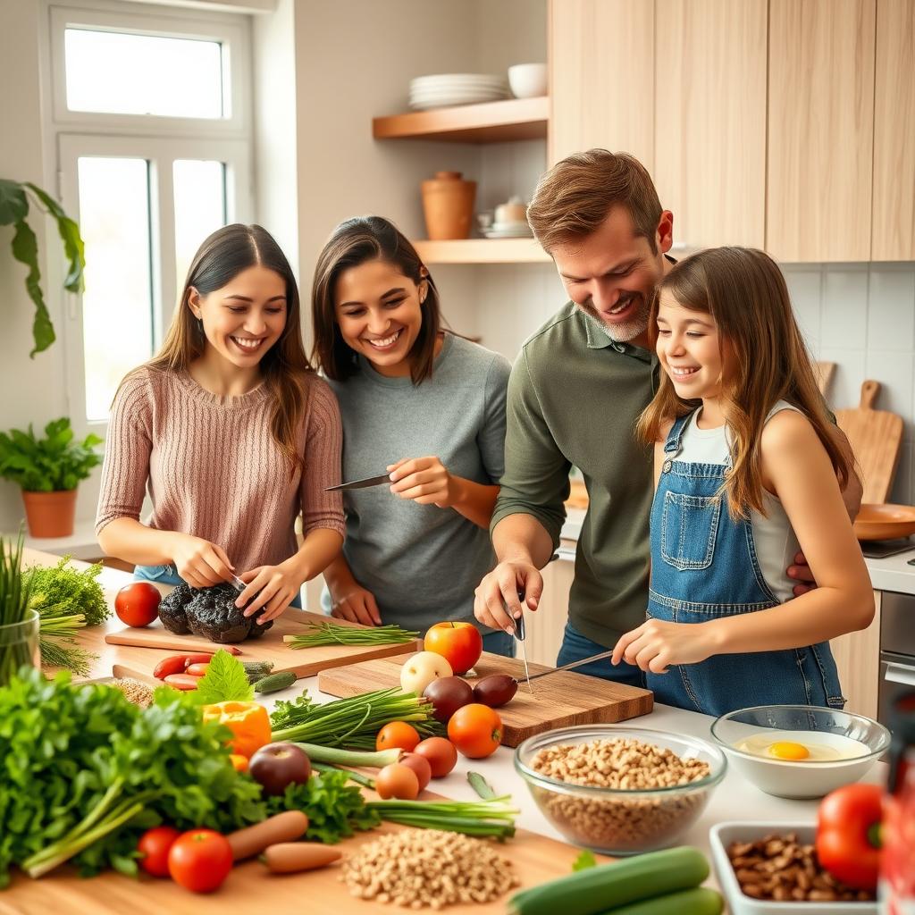 Familie de patru persoane pregătind o masă sănătoasă împreună într-o bucătărie modernă, cu legume proaspete și ingrediente integrale pe blat.