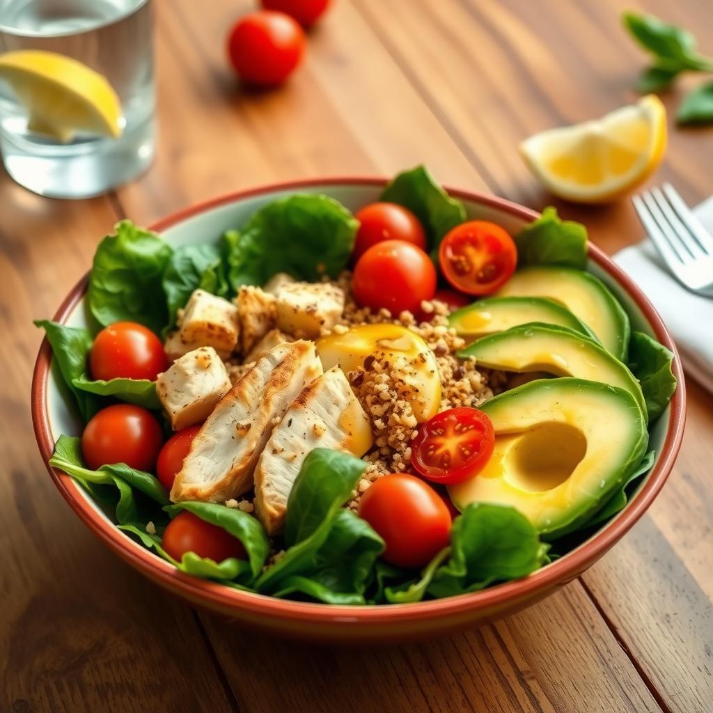 Salată colorată cu spanac, roșii cherry, pui la grătar, avocado și quinoa, servită pe o masă de lemn, cu un pahar de apă și lămâie în fundal.