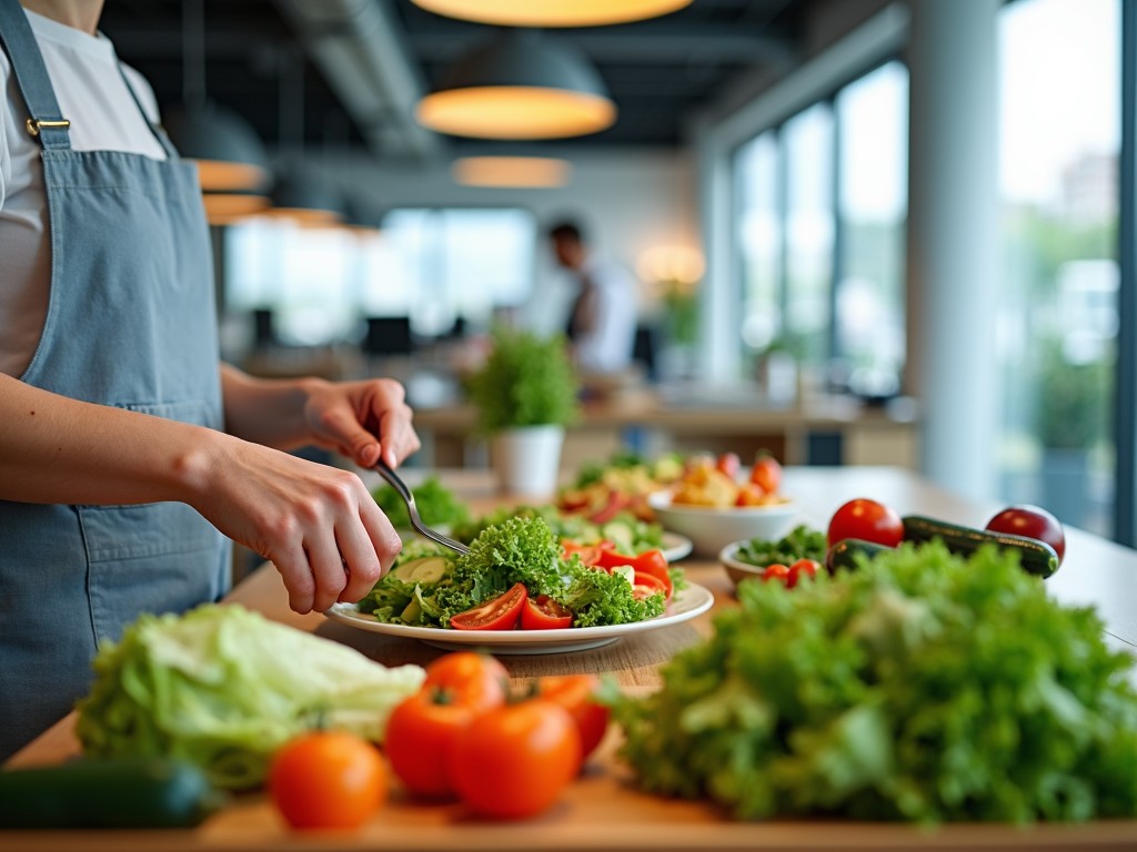 Health-conscious employee preparing a nutritious salad in an office kitchen.