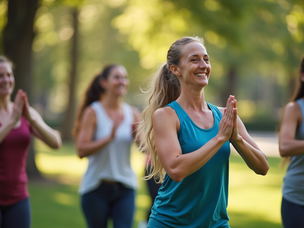 Grup de persoane care fac exerciții împreună într-un parc, zâmbind și încurajându-se reciproc.
