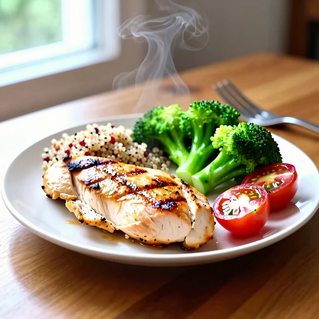 Pregătire de masă sănătoasă cu pui la grătar, broccoli și quinoa pe o farfurie albă