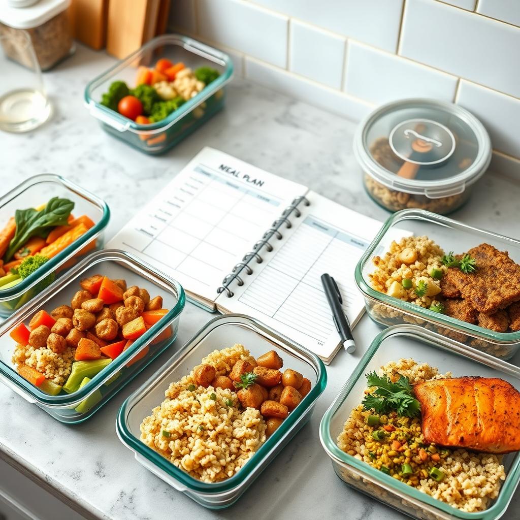 O configurație pentru pregătirea meselor săptămânale, cu recipiente de sticlă pline cu legume la grătar, quinoa, somon și orez brun, alături de un caiet cu planul de masă.