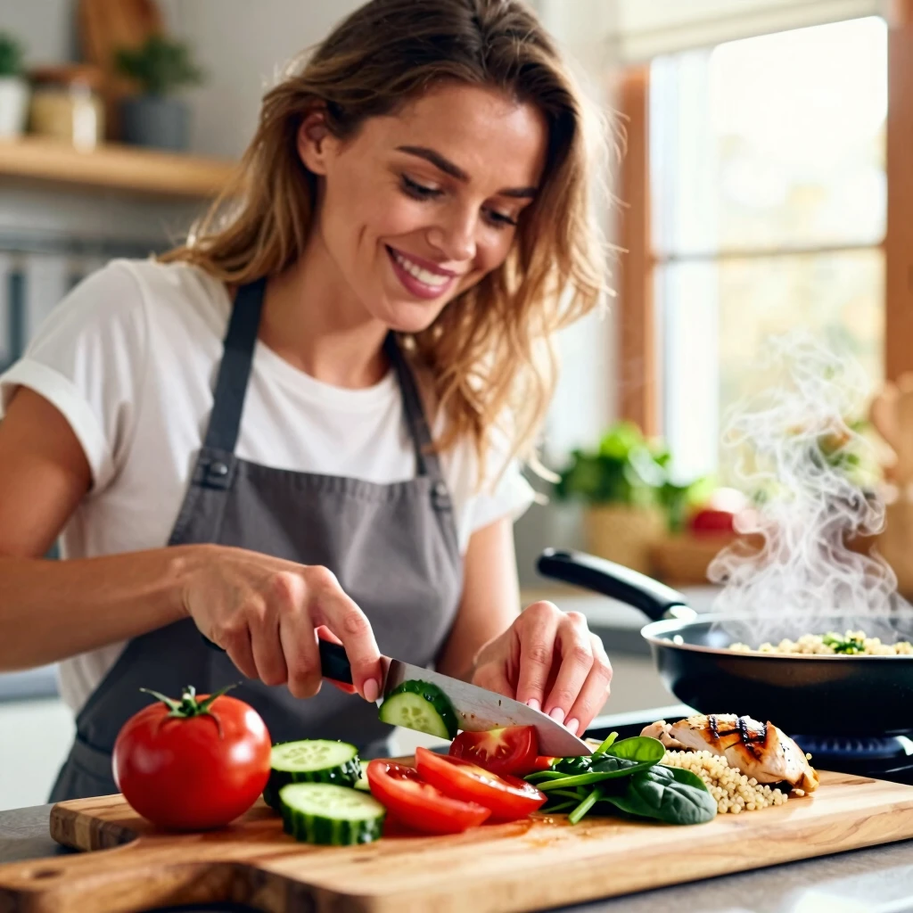 Femeie tânără pregătind o masă sănătoasă în bucătărie, simbol al alimentației echilibrate