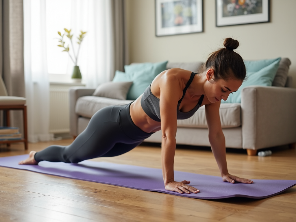 Persoană făcând exercițiul plank pe o saltea de yoga acasă
