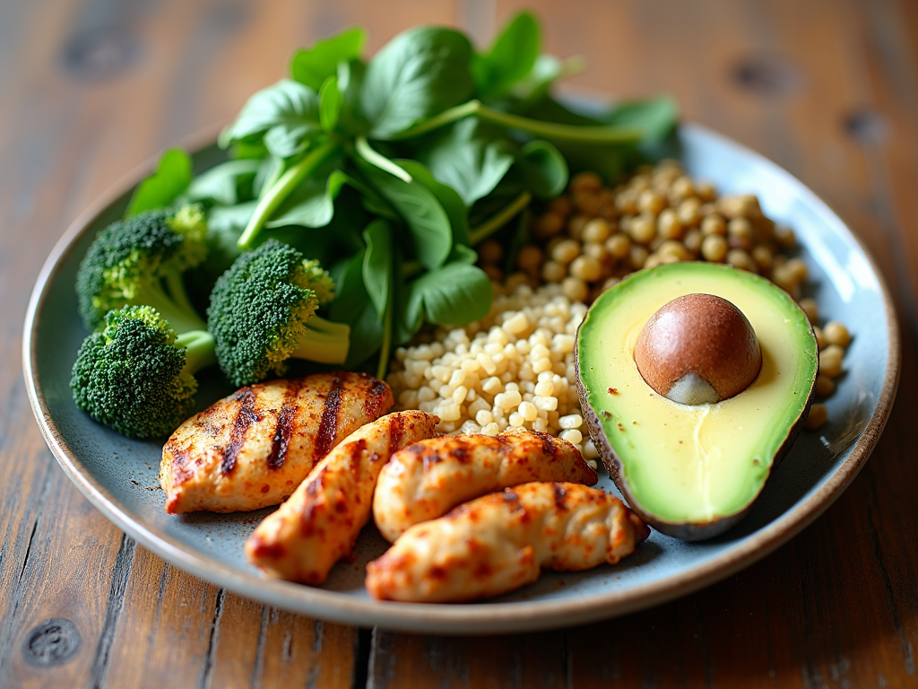 Farfurie colorată plină cu alimente bogate în nutrienți precum broccoli, spanac, quinoa, pui la grătar și avocado, aranjate frumos pe o masă de lemn.