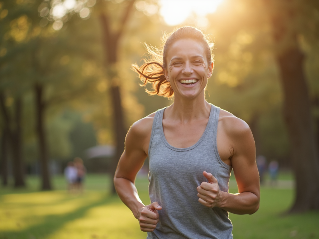 O persoană care face exerciții în parc, arătând fericită și motivată.