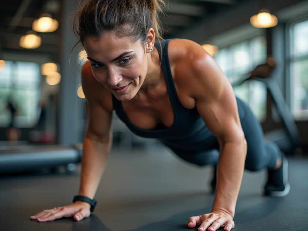 O persoană care face mountain climbers într-o sală de fitness, cu sudoare pe frunte.