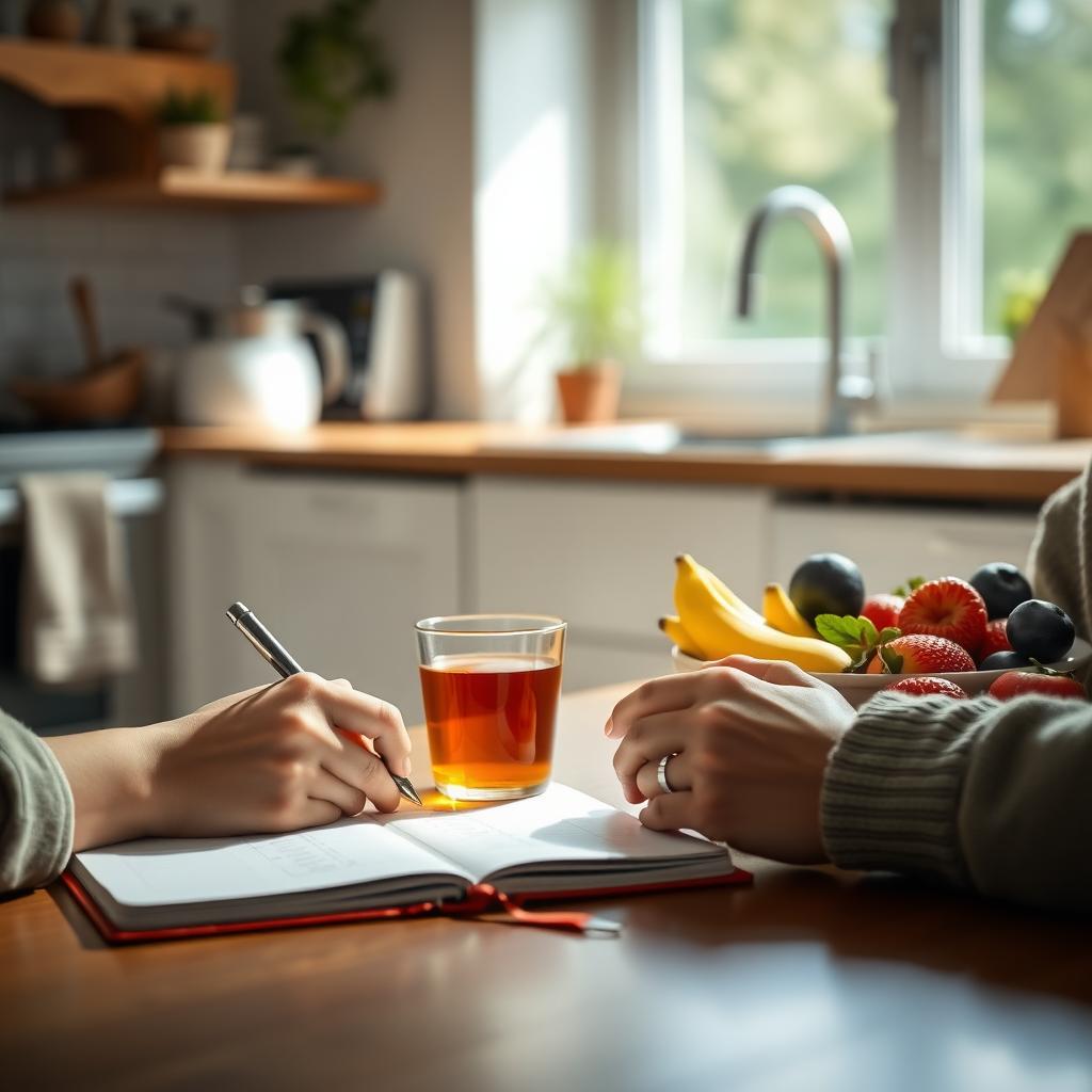 O persoană care notează un plan de masă într-un caiet, cu o ceașcă de ceai de plante și un bol cu fructe proaspete pe masă, într-o bucătărie confortabilă și bine luminată.