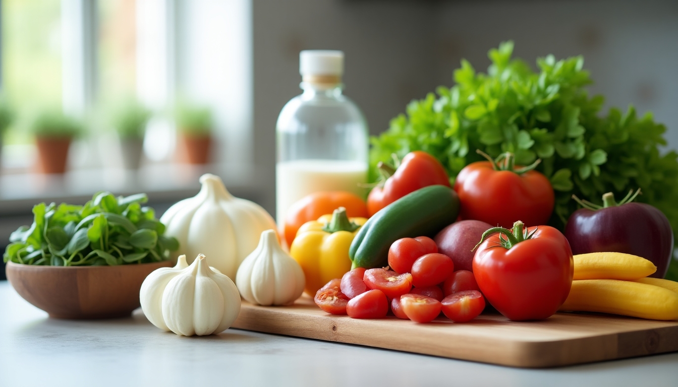 Legume proaspete, lactate sănătoase și fructe într-o bucătărie.