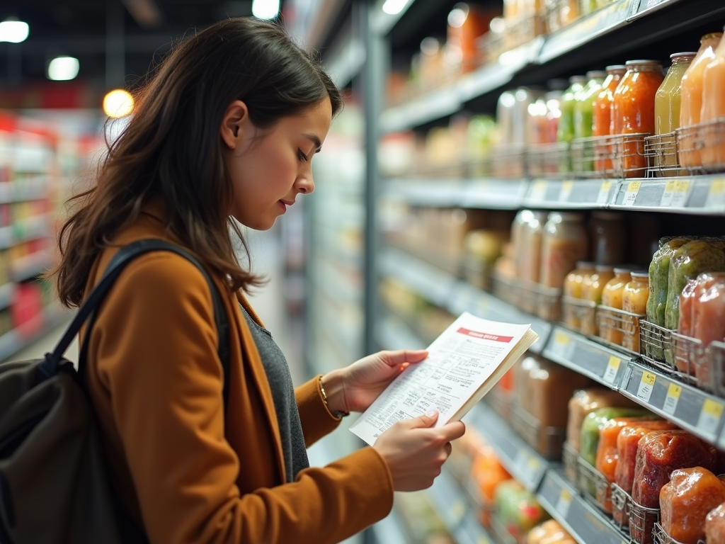 Persoană citind eticheta unui produs alimentar