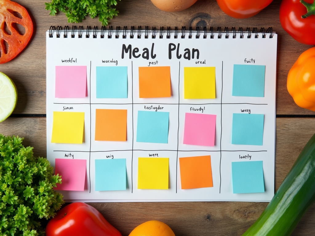 Un calendar de planificare a meselor săptămânale cu note colorate și ingrediente proaspete