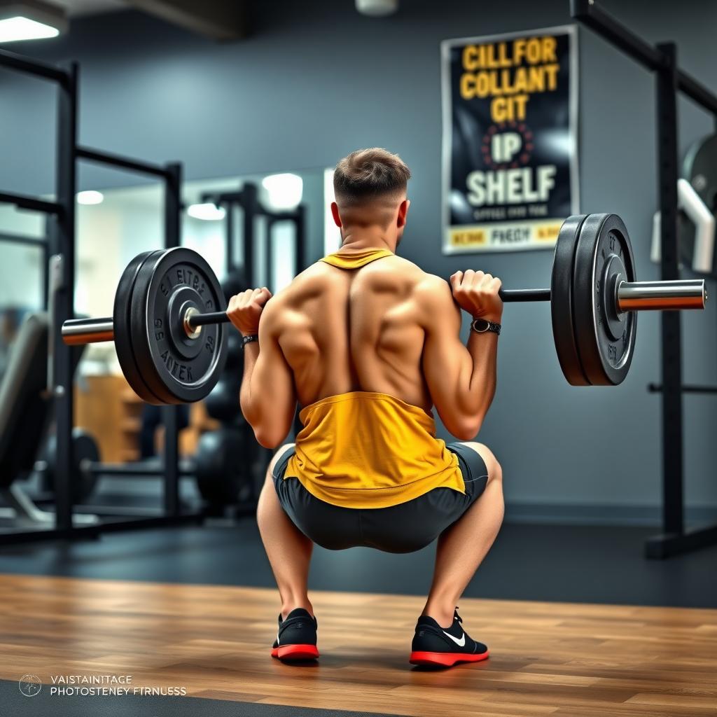 Persoană care execută o genuflexiune cu o bară într-o sală de fitness, cu o postură corectă și un fundal motivant.