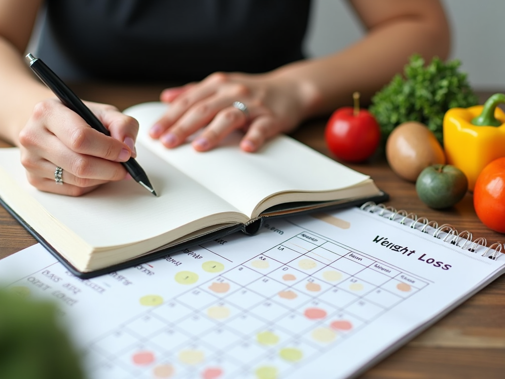 Persoană care își notează obiectivele de slăbire într-un jurnal, cu un calendar și alimente sănătoase precum fructe și legume pe masă.