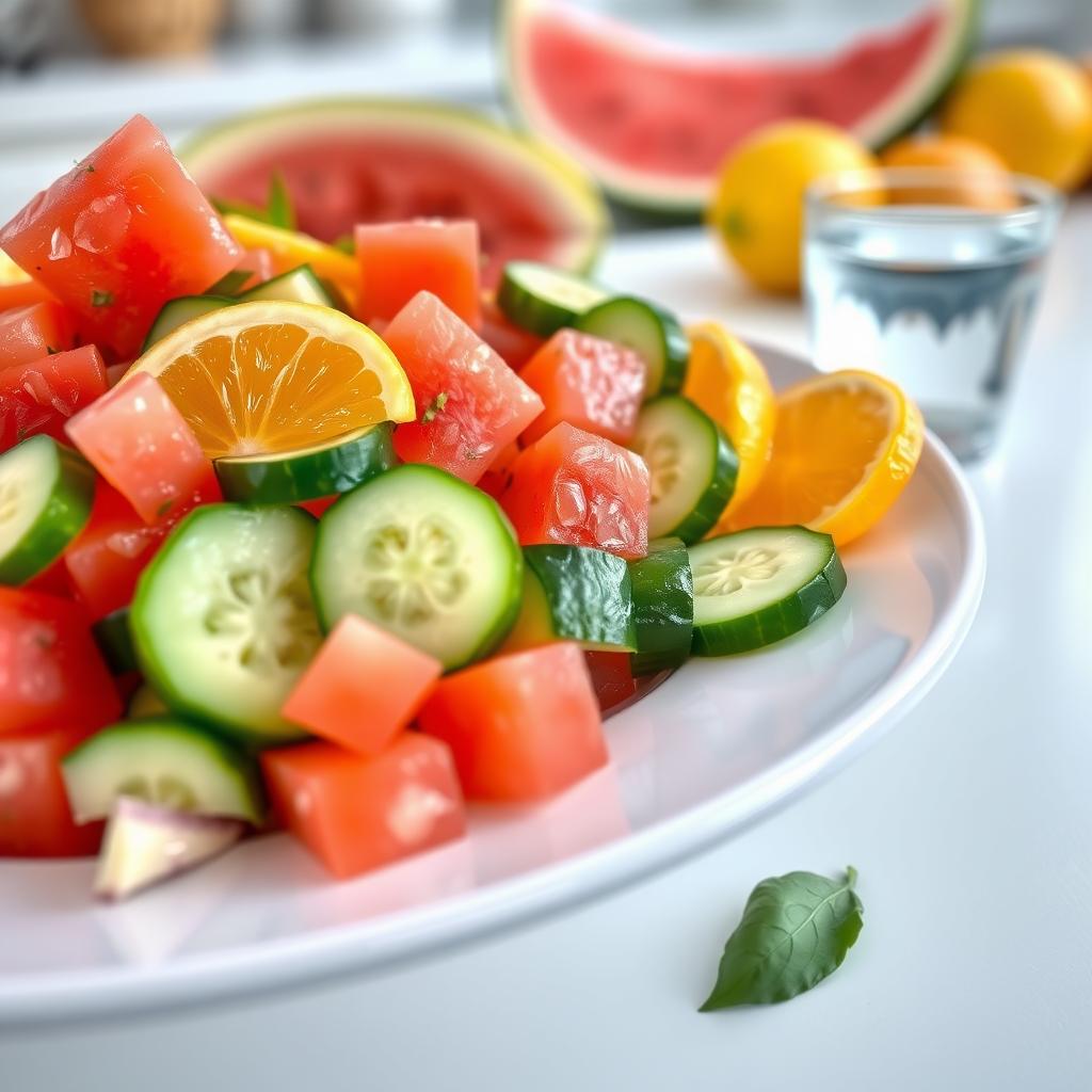 Salată de fructe colorată cu pepene, castraveți și portocale pe o masă luminoasă de bucătărie, lângă un pahar cu apă.