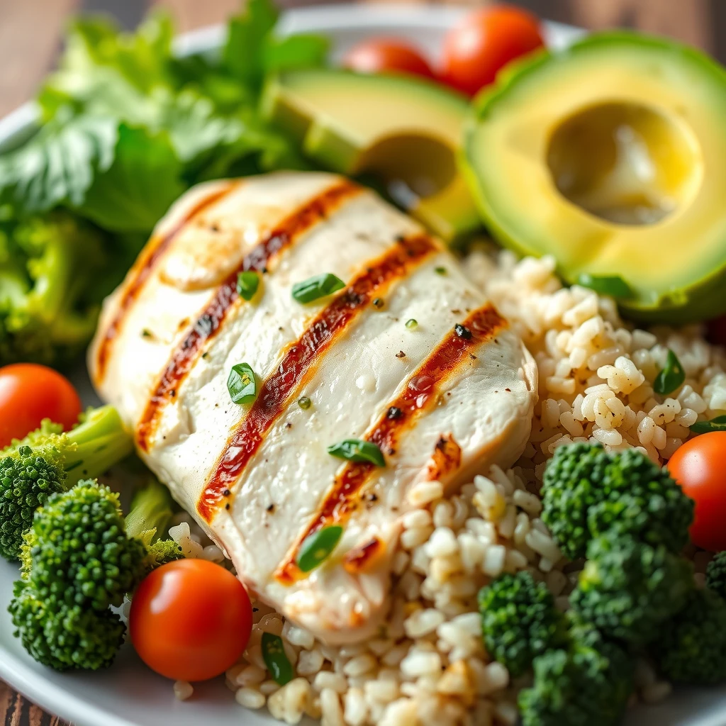 Farfurie echilibrată pentru prânz sănătos: piept de pui grill, quinoa, broccoli, roșii și salată
