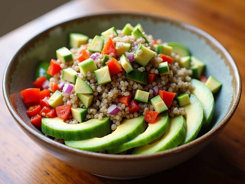 Salată de quinoa cu legume proaspete și dressing de lămâie.
