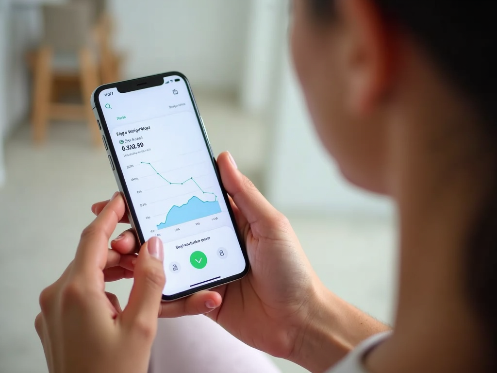 O persoană care folosește o aplicație pe smartphone pentru a-și monitoriza progresul în slăbire, cu un grafic care arată o tendință descendentă a greutății în timp.