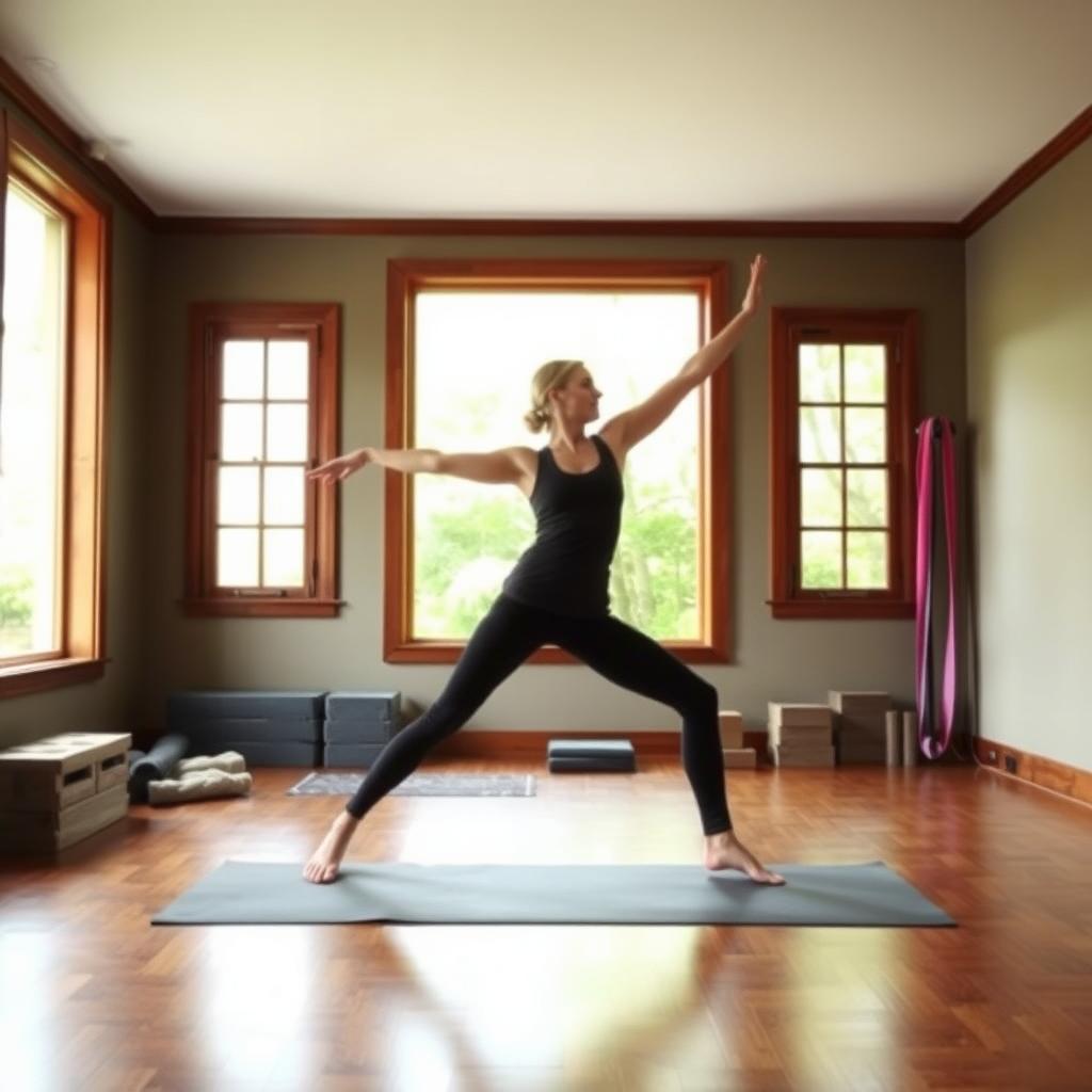 Persoană executând poziția Războinic II într-un studio de yoga confortabil, cu podea din lemn și ferestre mari.