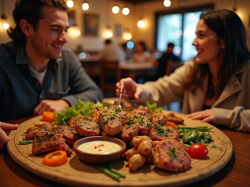 Două persoane împărțind un platou mare de mâncare într-un restaurant confortabil.
