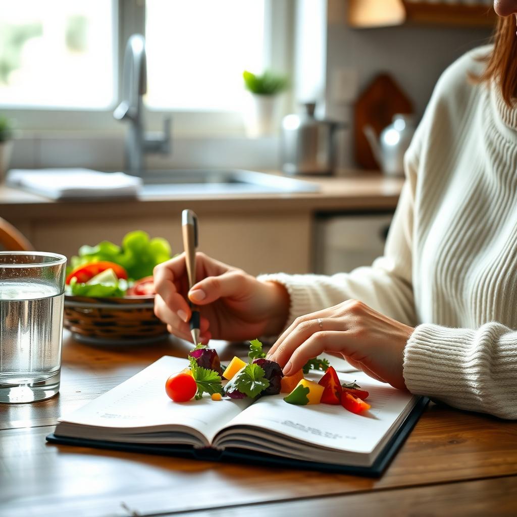 Persoană care notează într-un jurnal alimentar, cu o salată colorată și un pahar cu apă pe masă, într-o bucătărie confortabilă și bine iluminată.