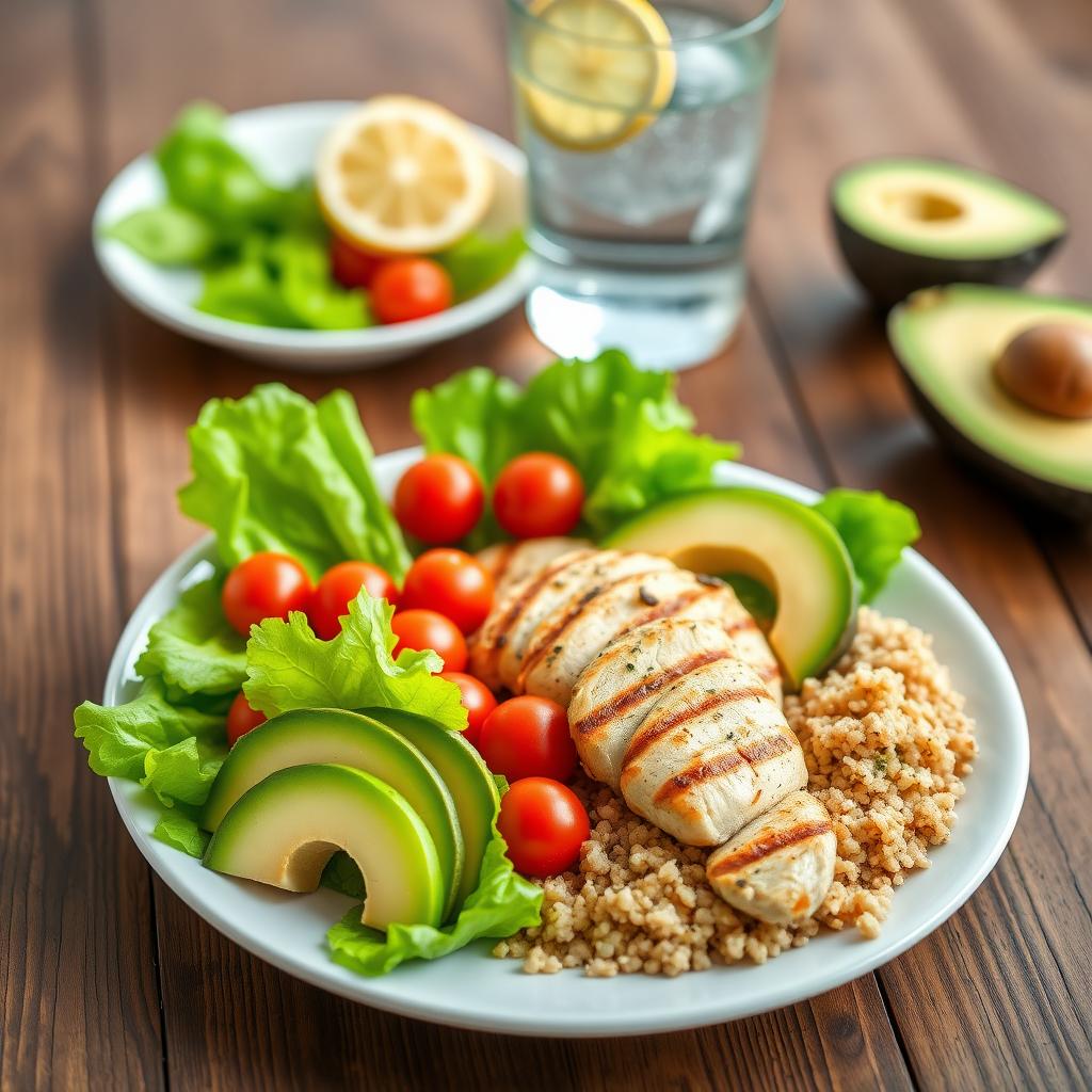 Farfurie plină cu alimente sănătoase, inclusiv salată verde, piept de pui la grătar, roșii cherry, felii de avocado și quinoa, pe o masă de lemn.