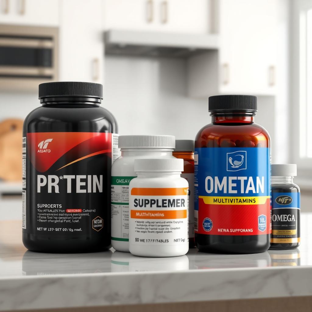 Sticle de suplimente alimentare, inclusiv pudră de proteine, multivitamine și capsule de omega-3, aranjate ordonat pe un blat de bucătărie modernă.