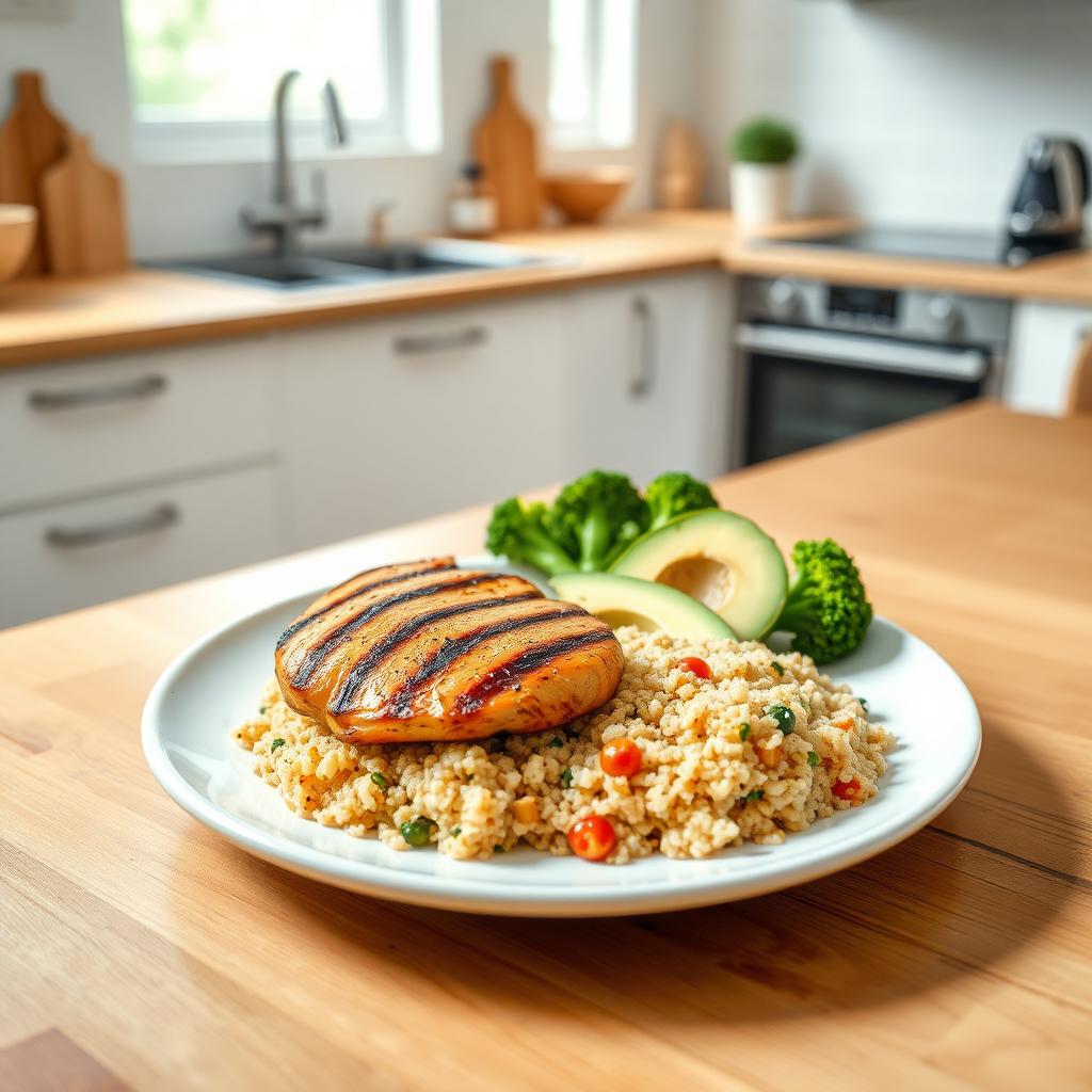 Farfurie cu o masă echilibrată, conținând pui la grătar, quinoa, broccoli aburit și avocado feliat, pe o masă din lemn într-o bucătărie modernă.