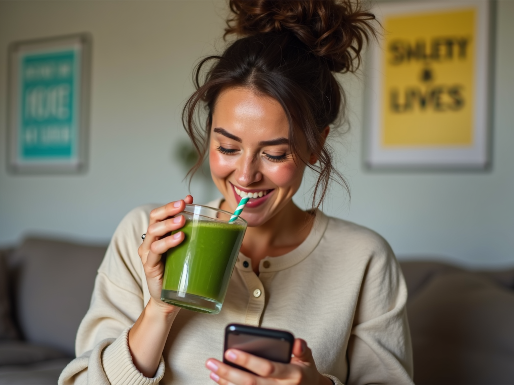 Persoană savurând un smoothie verde și urmărind progresul slăbitului