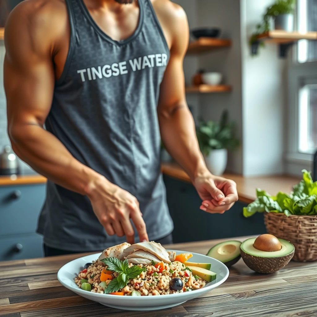 Sportiv pregătind o masă echilibrată sănătoasă cu pui, quinoa, legume și avocado