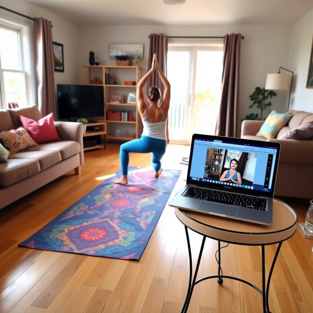 Persoană care practică yoga pentru începători pe un covoraș colorat într-un living confortabil, bine luminat, cu un laptop care afișează un tutorial de yoga.