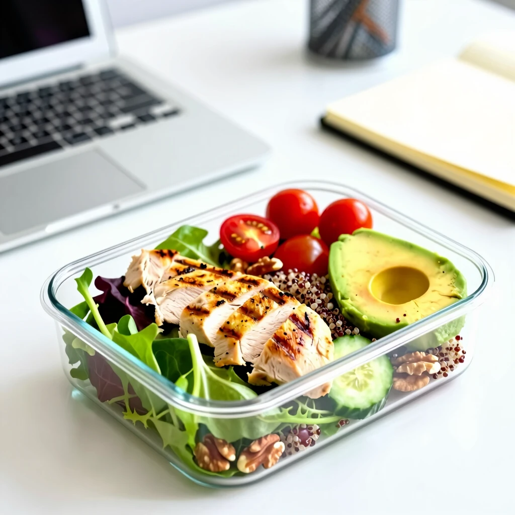 Caserolă sănătoasă cu salată, pui grill, quinoa și legume proaspete pe birou la birou