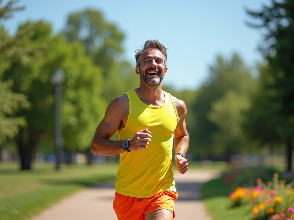 Un bărbat care face jogging într-un parc, zâmbind.