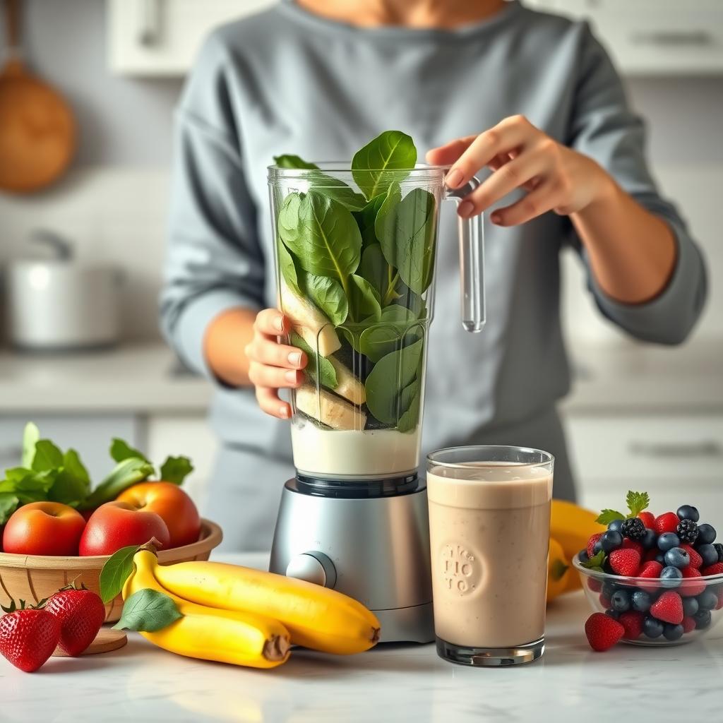 O persoană pregătește un smoothie sănătos cu spanac, banane, fructe de pădure și lapte de migdale într-o bucătărie confortabilă, cu fructe colorate pe blat.