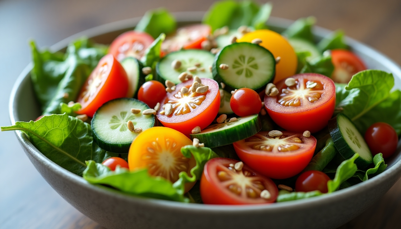 Imagine cu un bol de salată colorată și sănătoasă, reprezentând alimentația corectă.