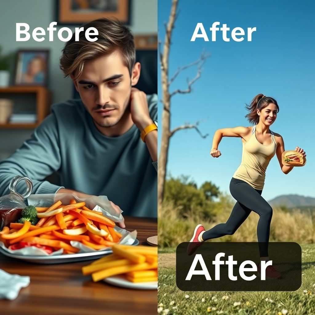 Comparație înainte și după adoptarea alimentelor sănătoase pentru slăbit, arătând transformare energică